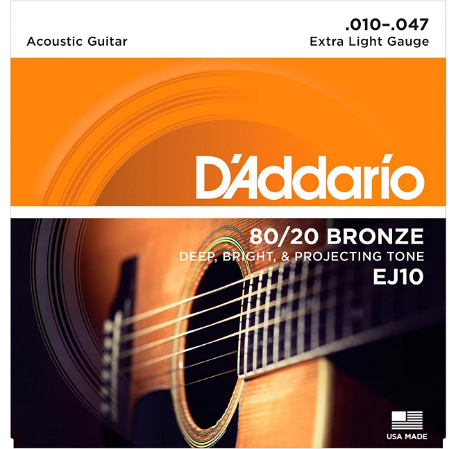 D'Addario EJ10 Acoustic Guitar Strings, 80/20 Bronze Coated, Extra Light, .10-.47