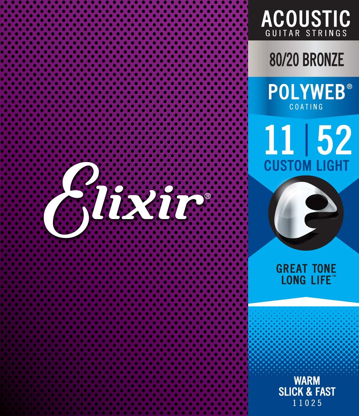 Elixir 11025, Acoustic Guitar Strings, 80/20 Bronze w/Polyweb Coating,  Custom Light, 11-52