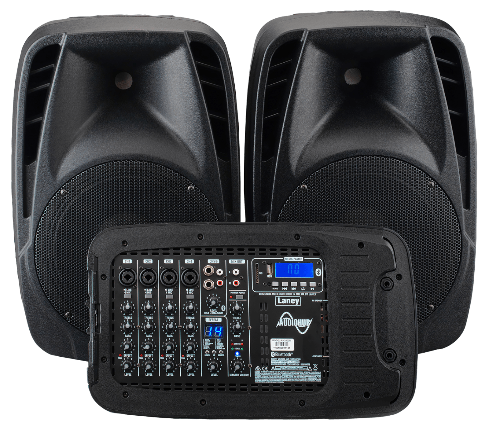 Laney UK AH2500 Class D, complete portable P/A System ,	XLR Inputs,10” woofer & 1” compression driver per enclosure, Integrated 6 channel mixer,35mm pole stand fitting