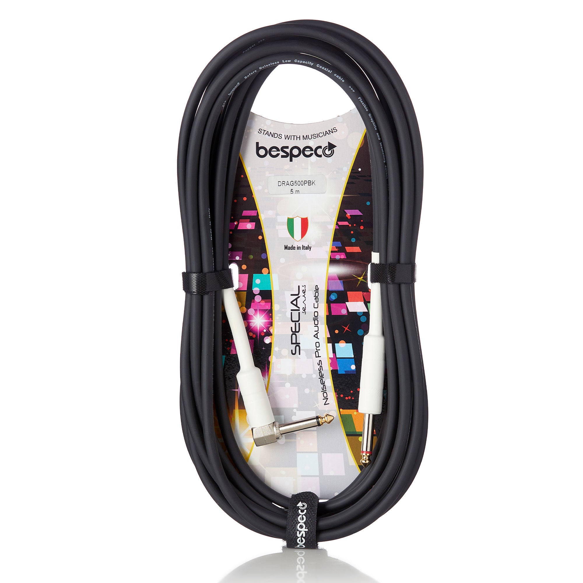 bespeco Special Series, DRAG500PBK, Instrument Cable, Straight-Right Angle, Jacks 0.63mm., 5m/16.4 ft., Black